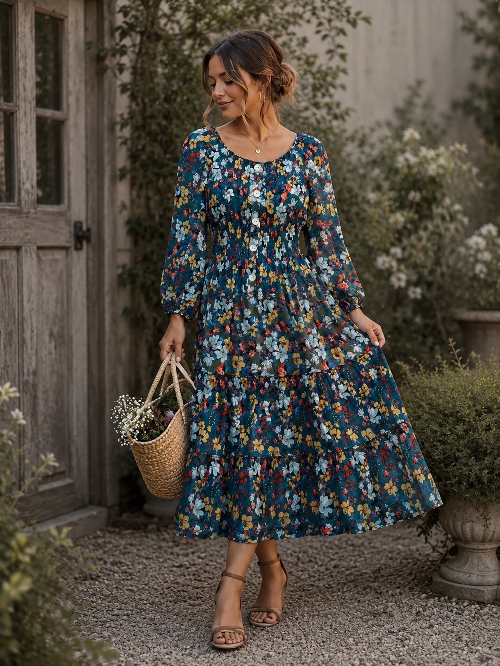 Anthropologie- Fig & Flower Floral Smocked Midi Dress Petite Medium 🌿